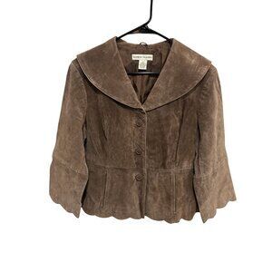 Bamboo Traders Brown Suede Leather Scalloped Peplum Lined Jacket Size L Western